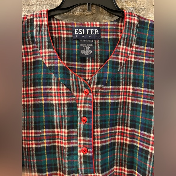 Vintage Esleep Dorm green, red & white plaid flannel nightgown sleep shirt Sz OS - Picture 3 of 6